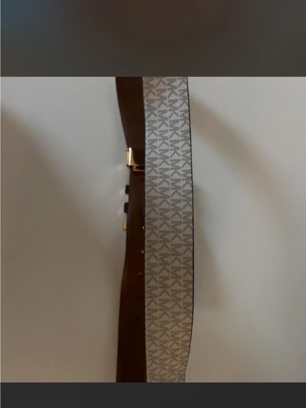 MICHEAL KORS Beige Monogram Leather Belt with Gold 'MK' Buckle